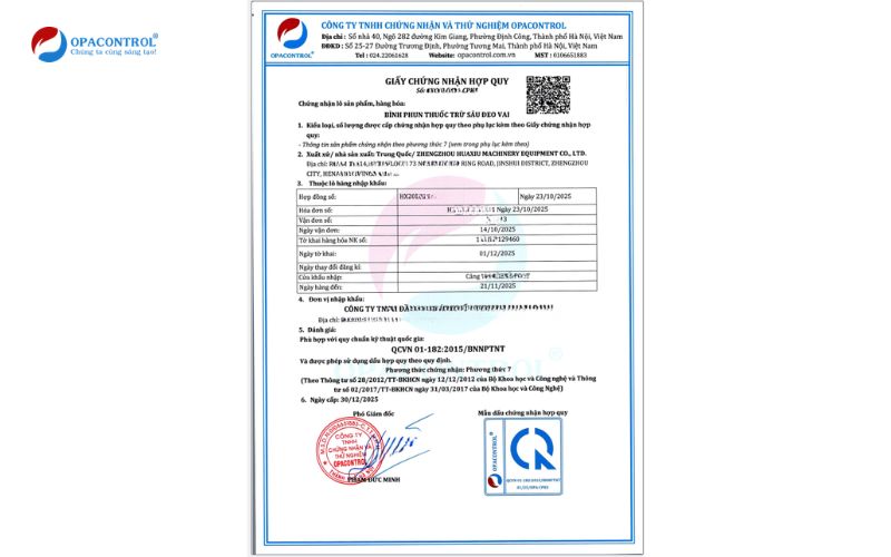 Giấy chứng nhận hợp quy bình bơm phun thuốc trừ sâu theo phương thức 7 