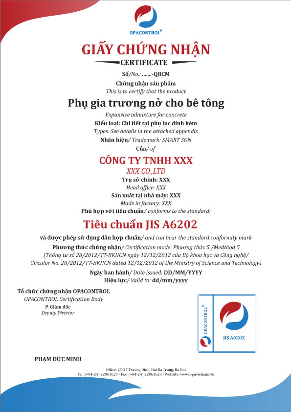 Mẫu giấy chứng nhận hợp chuẩn phụ gia trương nở cho bê tông