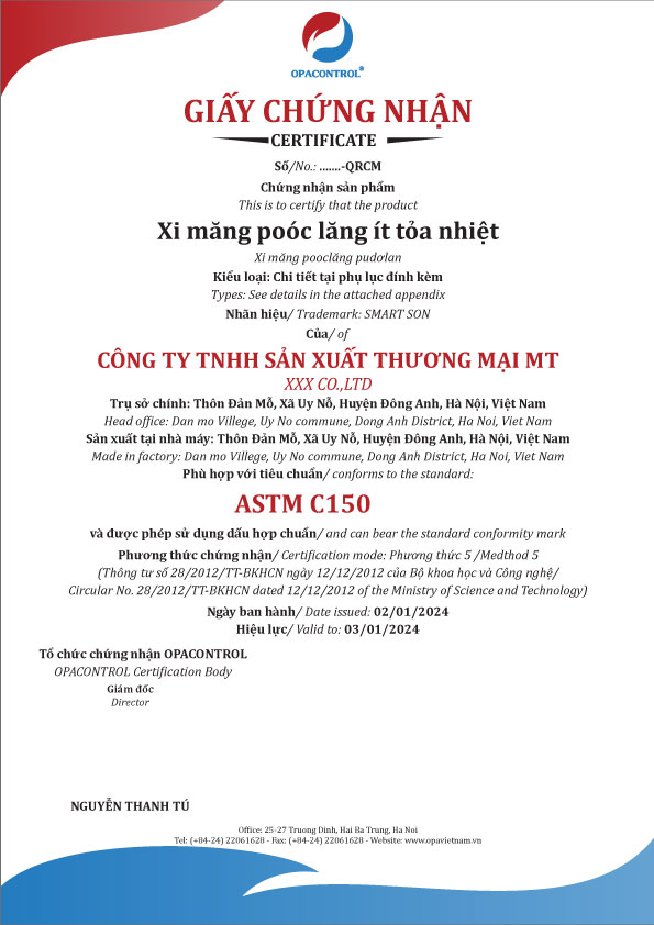 Mẫu giấy chứng nhận hợp chuẩn Xi măng poóc lăng ít tỏa nhiệt ASTM C150