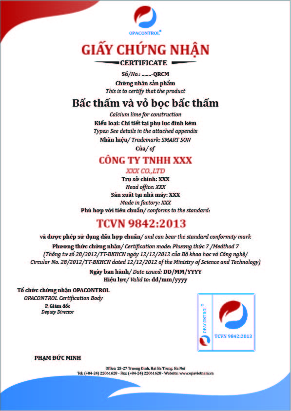Hình ảnh giấy chứng nhận sản phẩm Bấc thấm và vỏ bọc bấc thẩm theo tiêu chuẩn TCVN 9842:2013