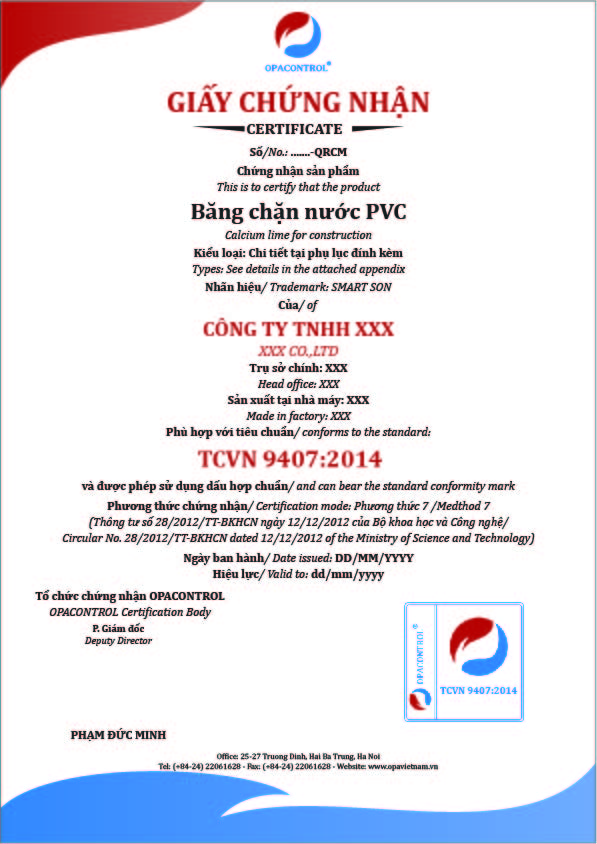 Hình ảnh giấy chứng nhận sản phẩm Băng chặn nước PVC phù hợp tiêu chuẩn TCVN 9407:2014