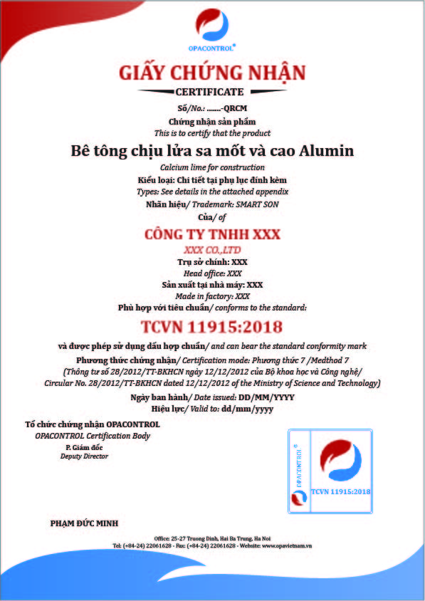 Hình ảnh minh họa giấy chứng nhận Bê tông chịu lửa sa mốt và cao alumin theo TCVN 11915:2018