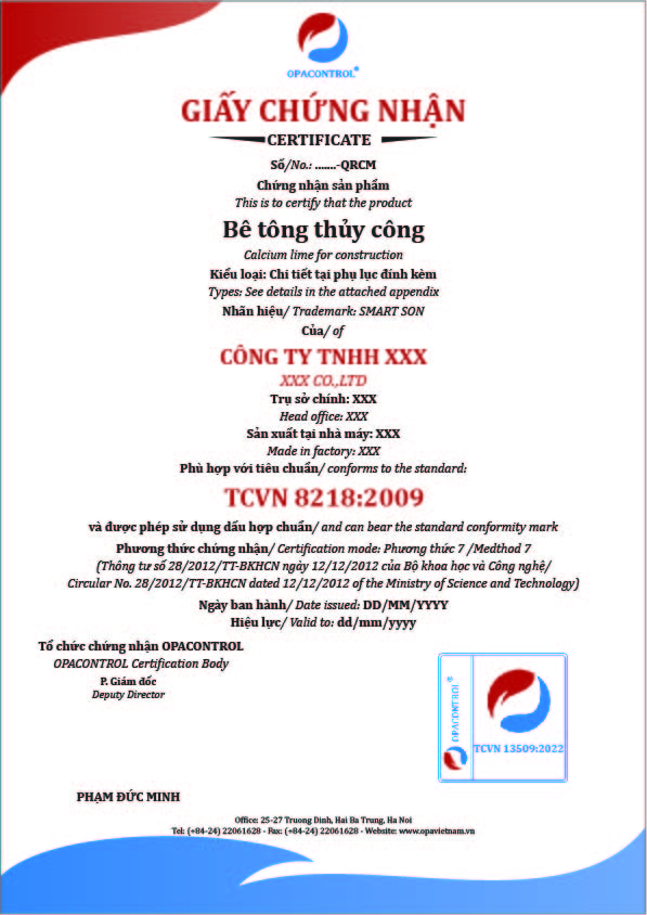 Hình ảnh mẫu giấy chứng nhận hợp chuẩn Bê tông thủy công theo TCVN 8218:2009