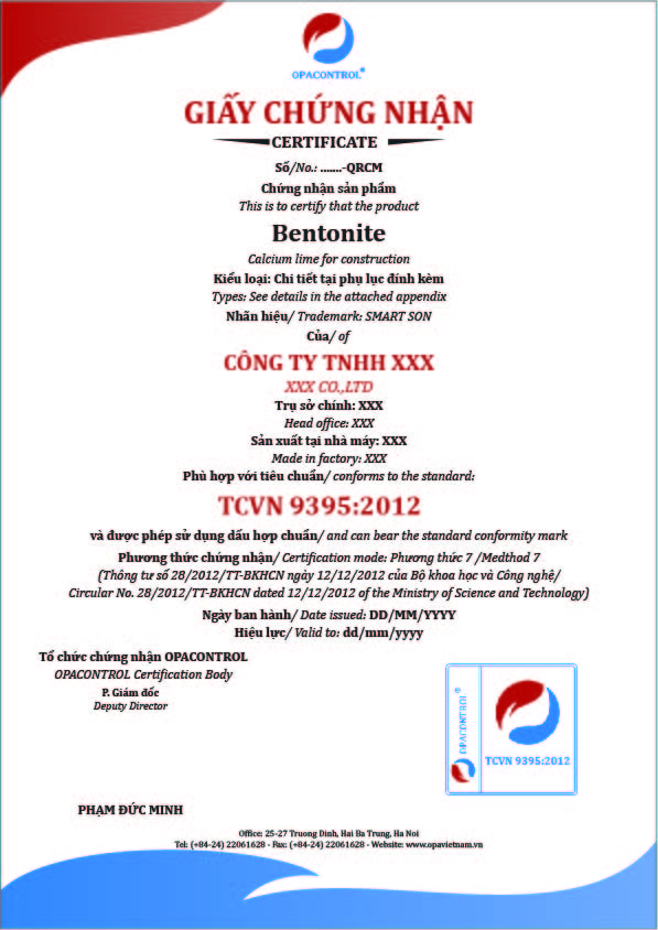 Hình ảnh giấy chứng nhận hợp chuẩn Bentonite theo TCVN 9395:2012