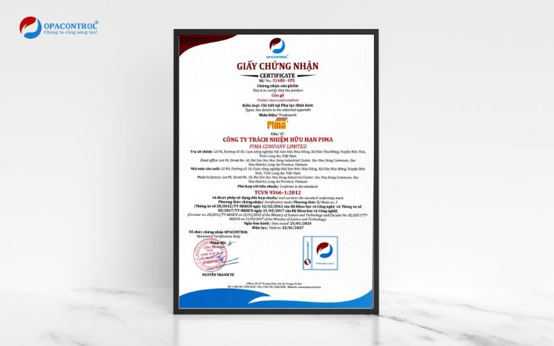 Giấy chứng nhận hợp chuẩn cửa gỗ OPACONTROL đã cấp cho khách hàng
