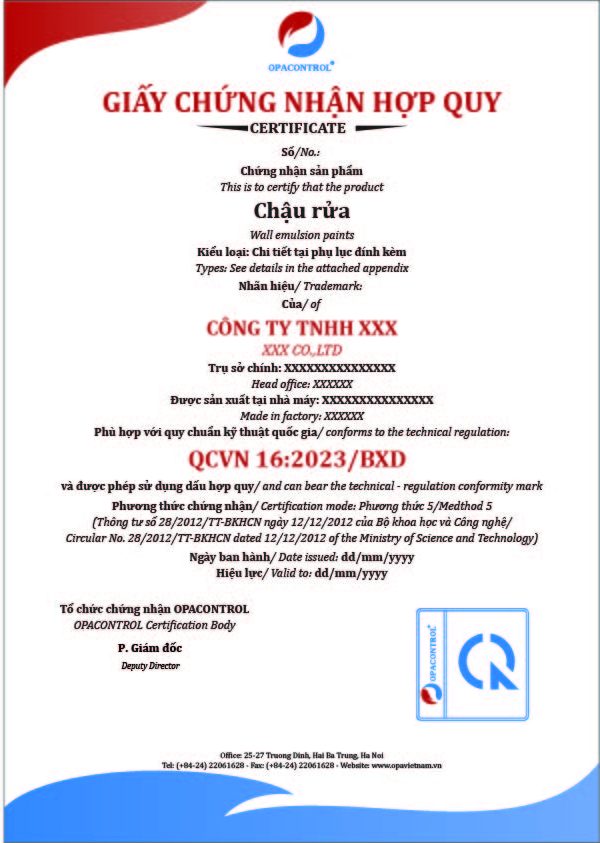 Mẫu giấy chứng nhận hợp quy chậu rửa