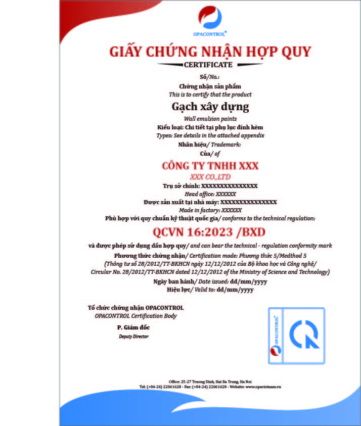 Ví dụ về mẫu giấy chứng nhận hợp quy không có giá trị pháp lý tại OPACONTROL