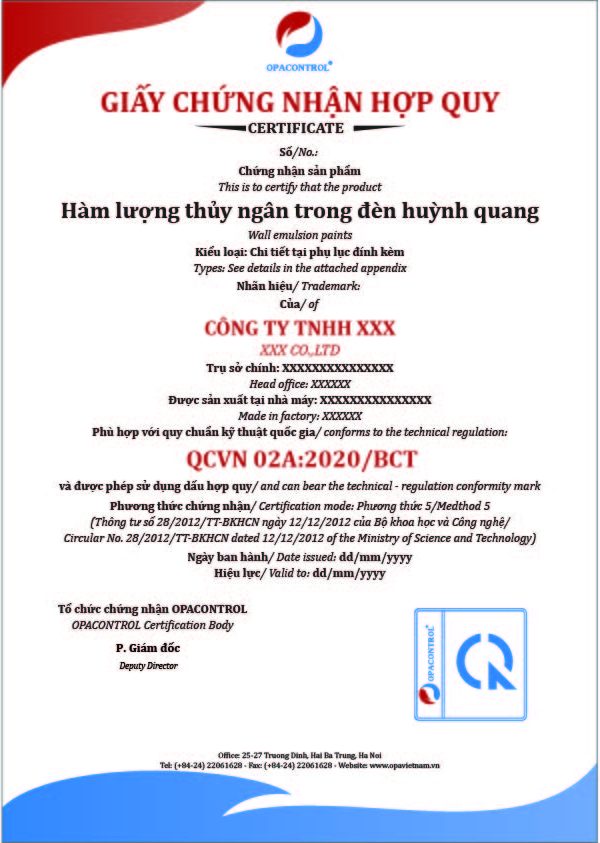 Hình ảnh mẫu giấy chứng nhận hợp quy hàm lượng thủy ngân trong đèn huỳnh quang