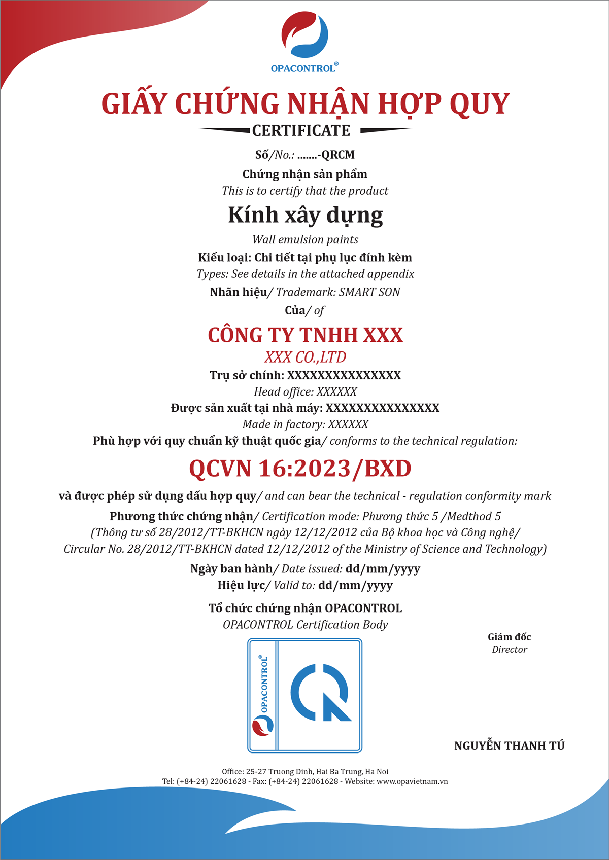 Mẫu giấy chứng nhận hợp quy kính xây dựng tại OPACONTROL
