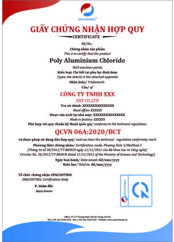 Hình ảnh mẫu giấy chứng nhận hợp quy Poly Aluminium Chloride