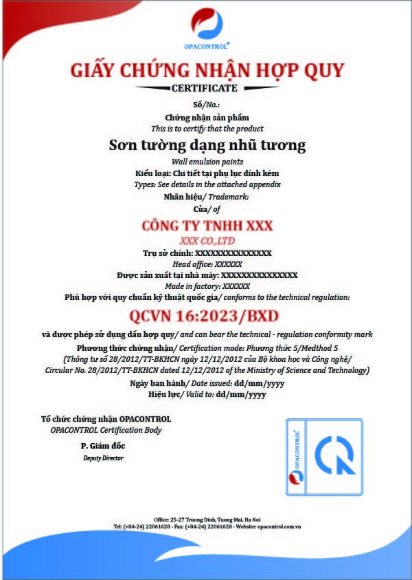 Mẫu giấy chứng nhận hợp quy sơn tại OPACONTROL