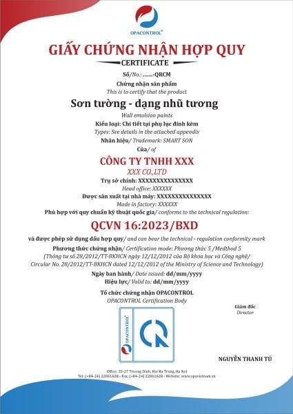 Mẫu giấy chứng nhận hợp quy cho sản phẩm Sơn tại OPACONTROL