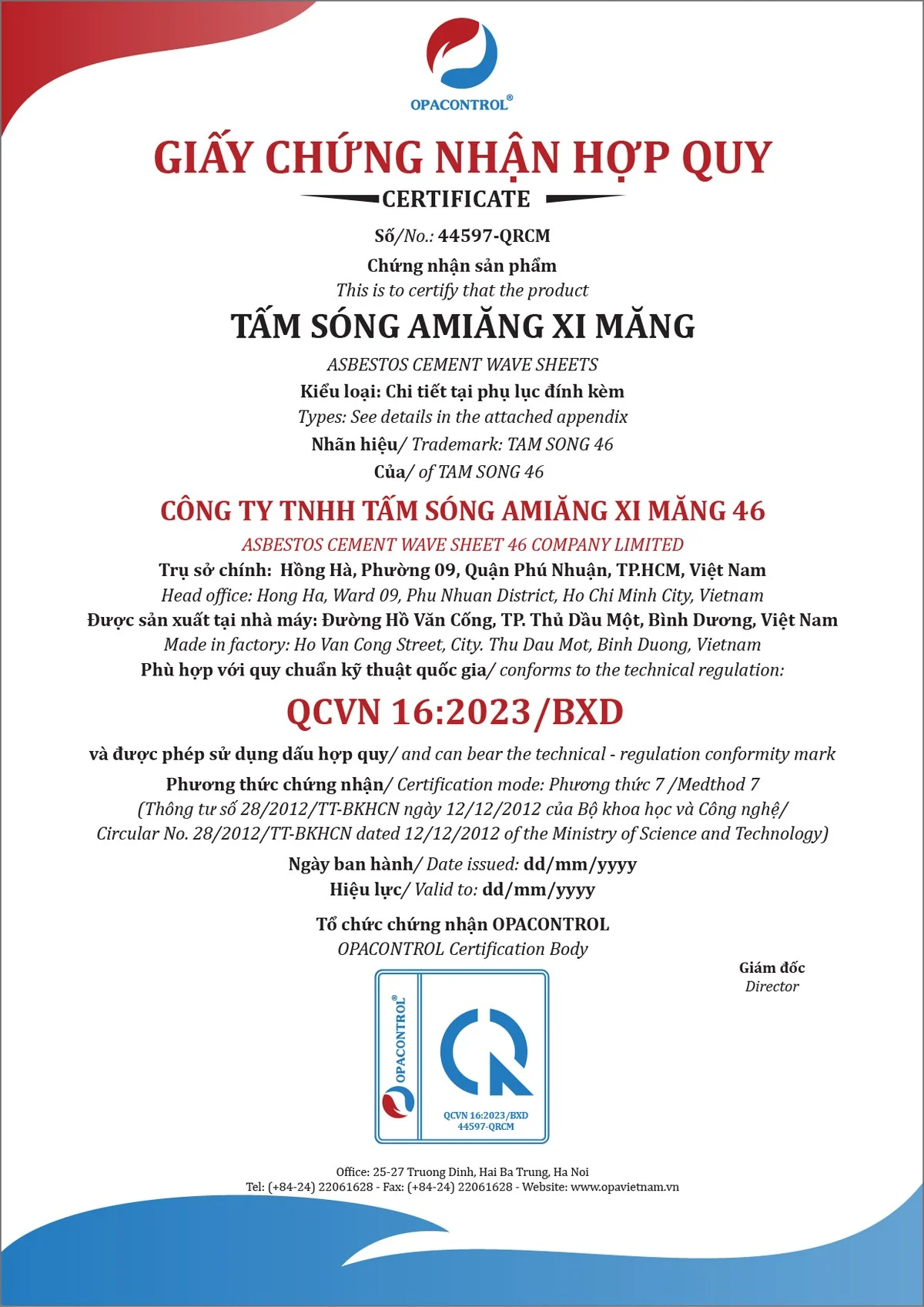 Mẫu giấy chứng nhận hợp quy cho Amiang xi măng