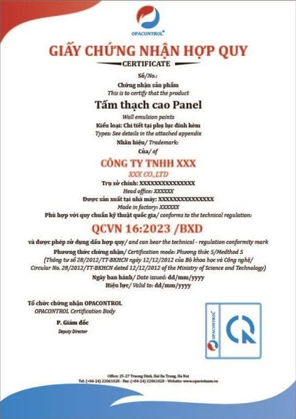 Hình ảnh mẫu giấy chứng nhận hợp quy tấm thạch cao Panel tại OPACONTROL (Hình ảnh không có gí trị pháp lý)