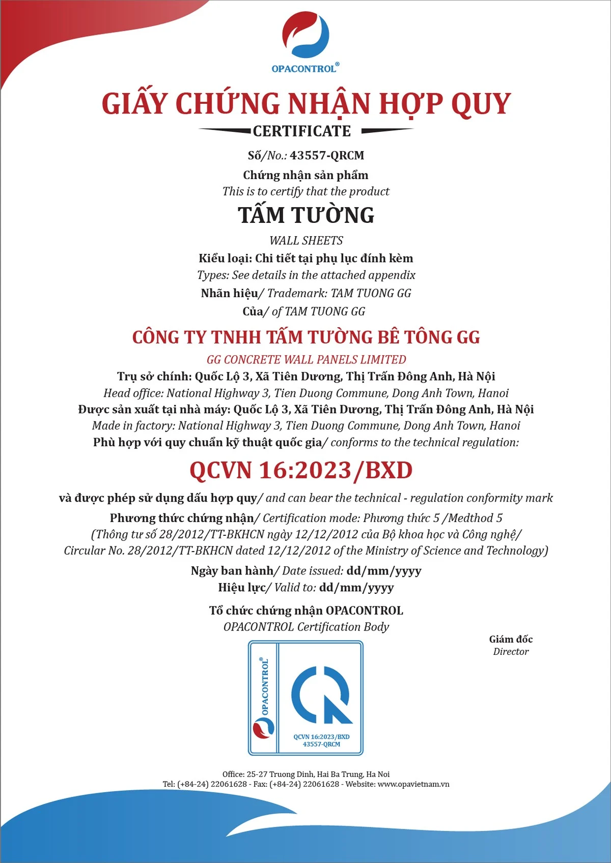 Mẫu giấy chứng nhận hợp quy Tấm tường bê tông (nhóm vật liệu xây) (Mẫu giấy có tính chất tham khảo, không có giá trị pháp lý)