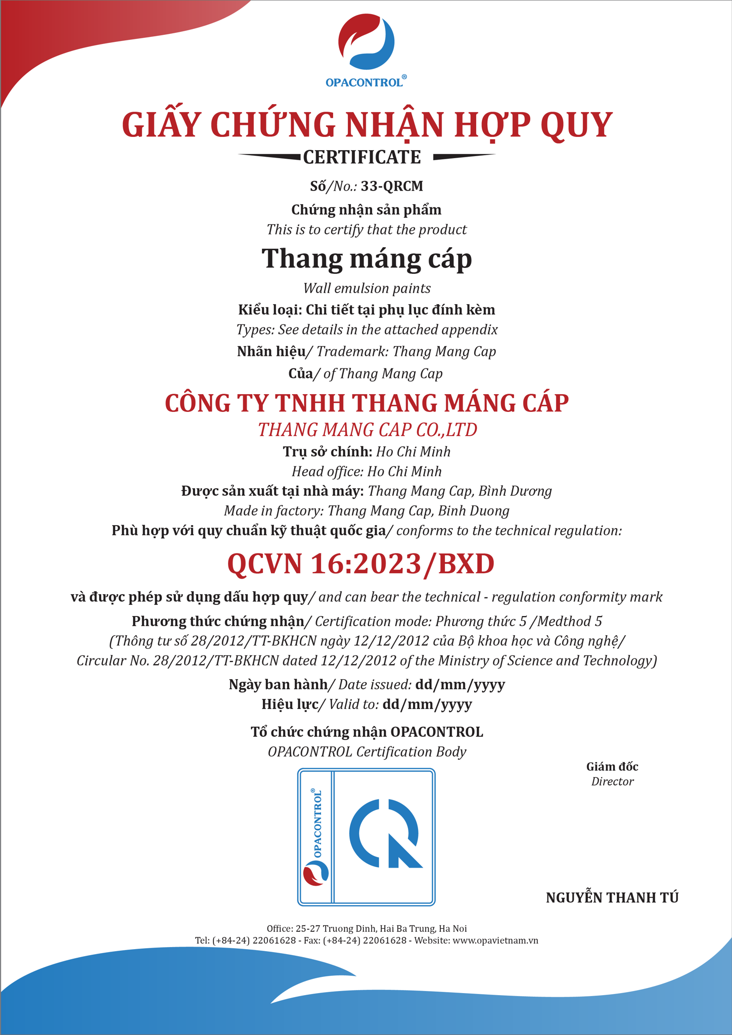 Hình ảnh giấy chứng nhận hợp quy thang máng cáp dùng để công bố hợp quy