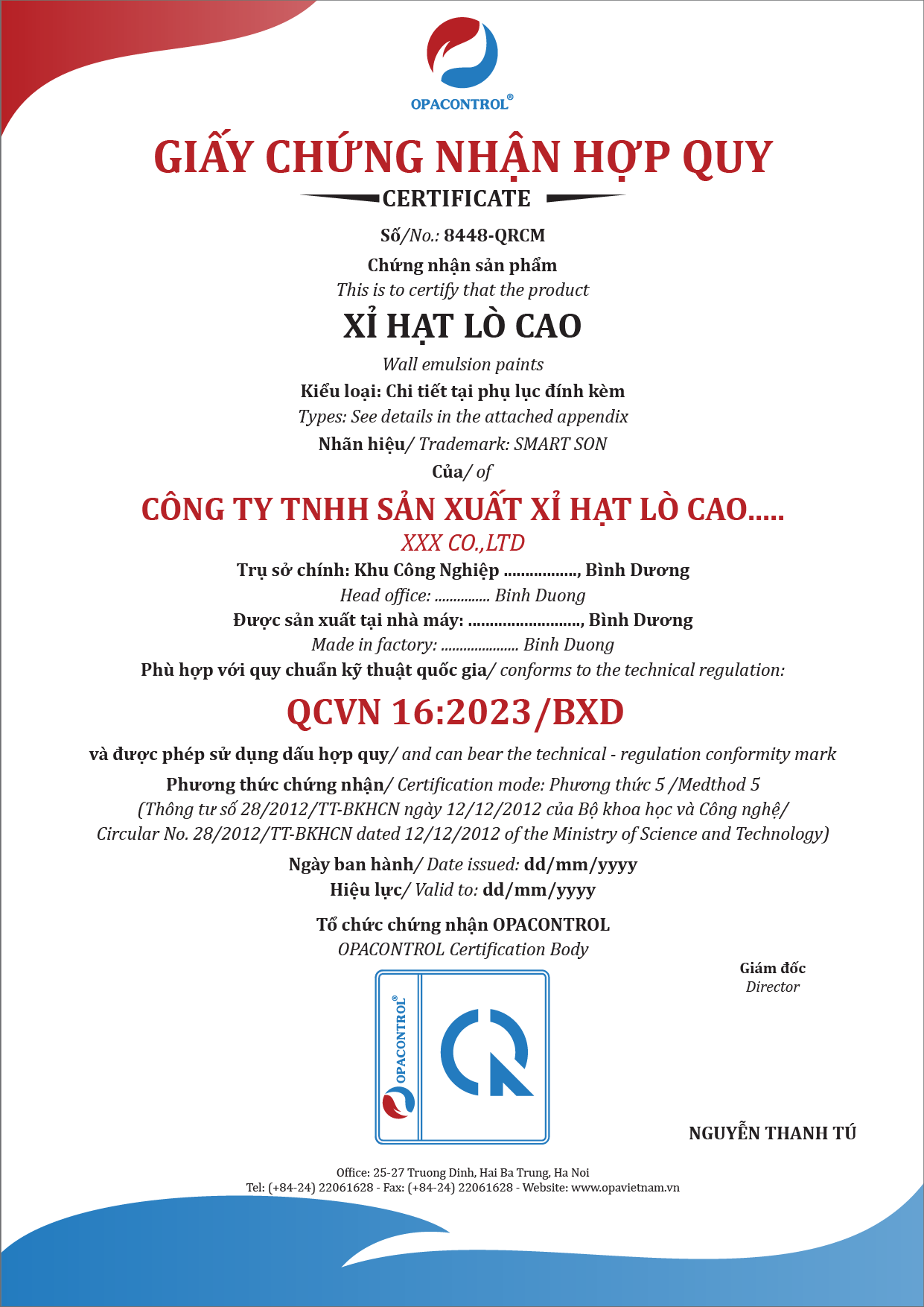Giấy chứng nhận hợp quy xỉ hạt lò cao được cấp bởi OPACONTROL (mẫu tham khảo)