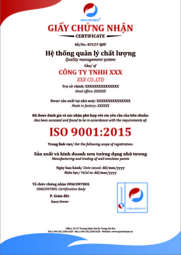 Mẫu giấy chứng nhận ISO 9001 của OPACONTROL