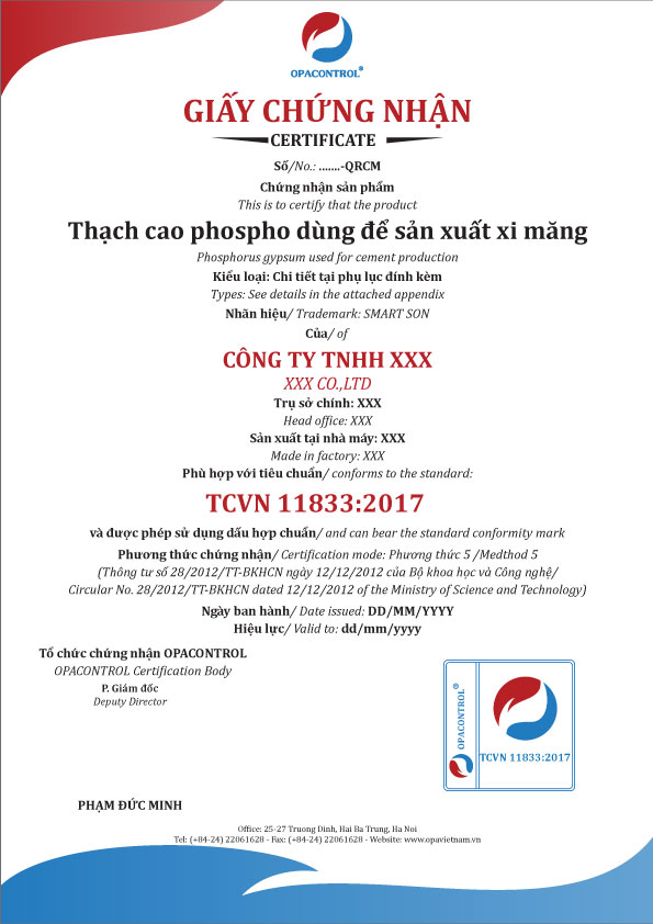 Mẫu giấy Chứng nhận hợp chuẩn thạch cao phospho theo TCVN 11833:2017( Phương thức 5)