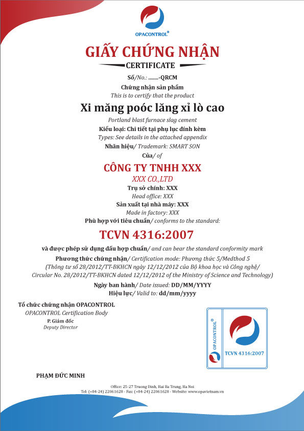 Mẫu giấy CNHC Xi măng poóc lăng xỉ lò cao TCVN 4316:2007