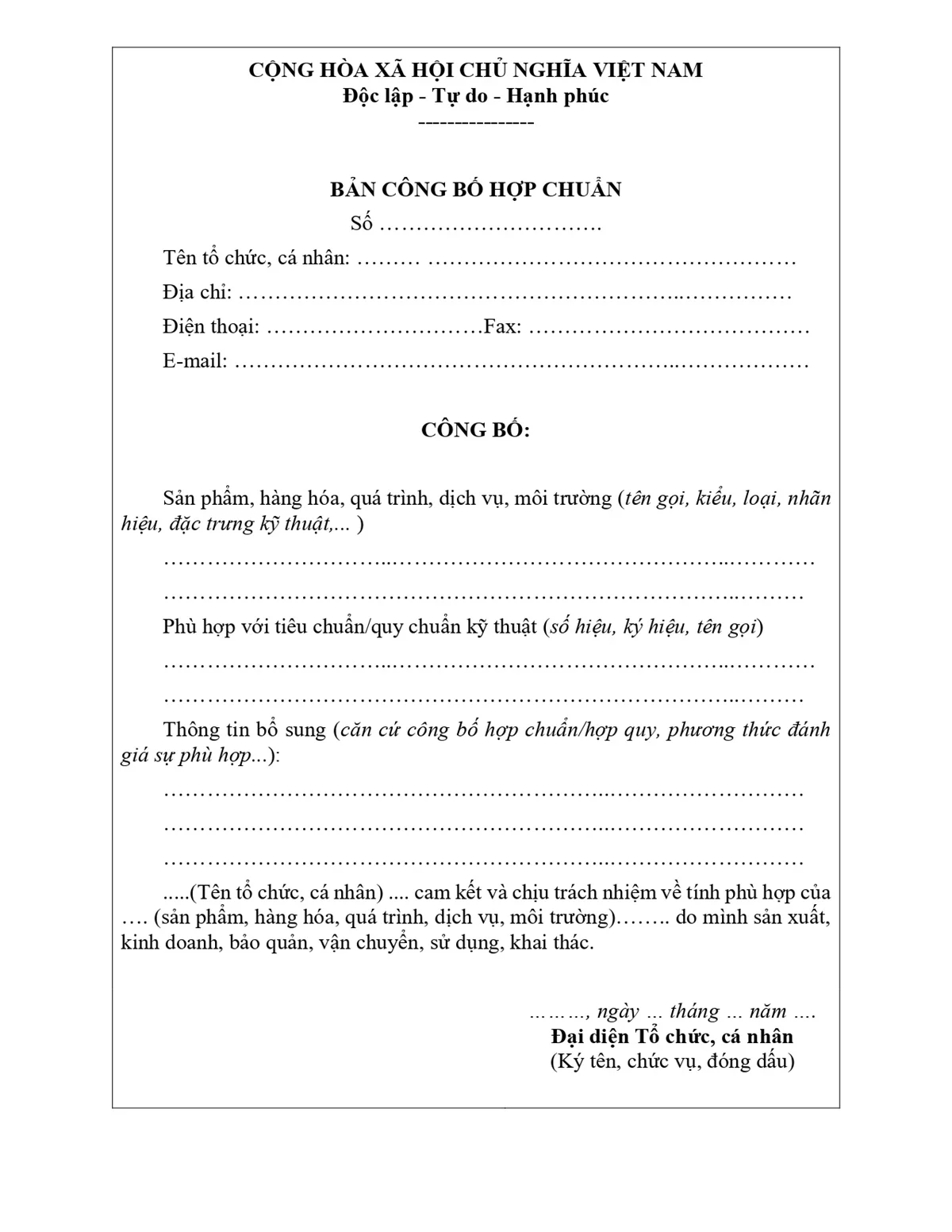 Bản công bố hợp chuẩn (mẫu)