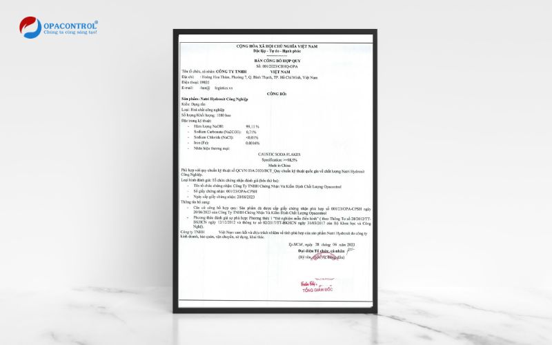 Bản công bố hợp quy sản phẩm Natri Hydroxit công nghiệp