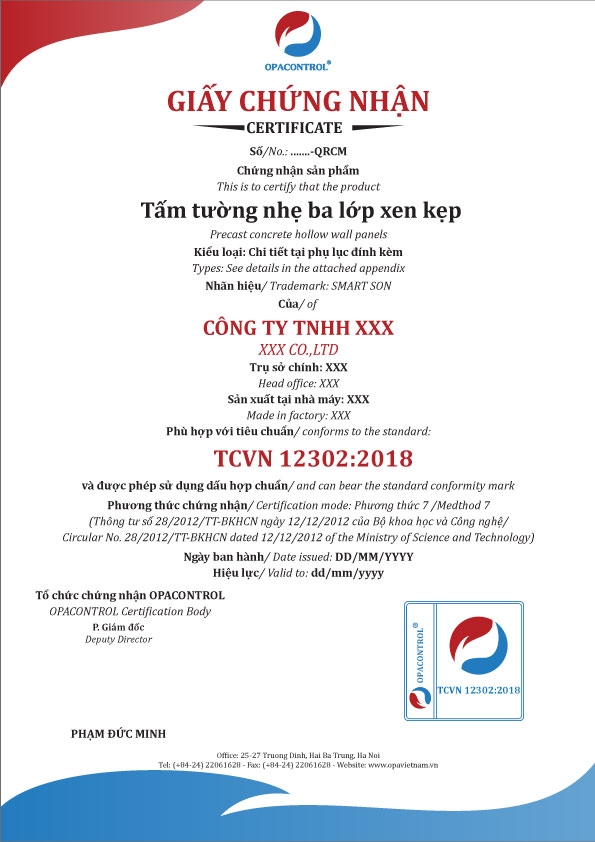 Mẫu giấy chứng nhận hợp chuẩn Tấm tường nhẹ 3 lớp xen kẹp (Phương thức 7)