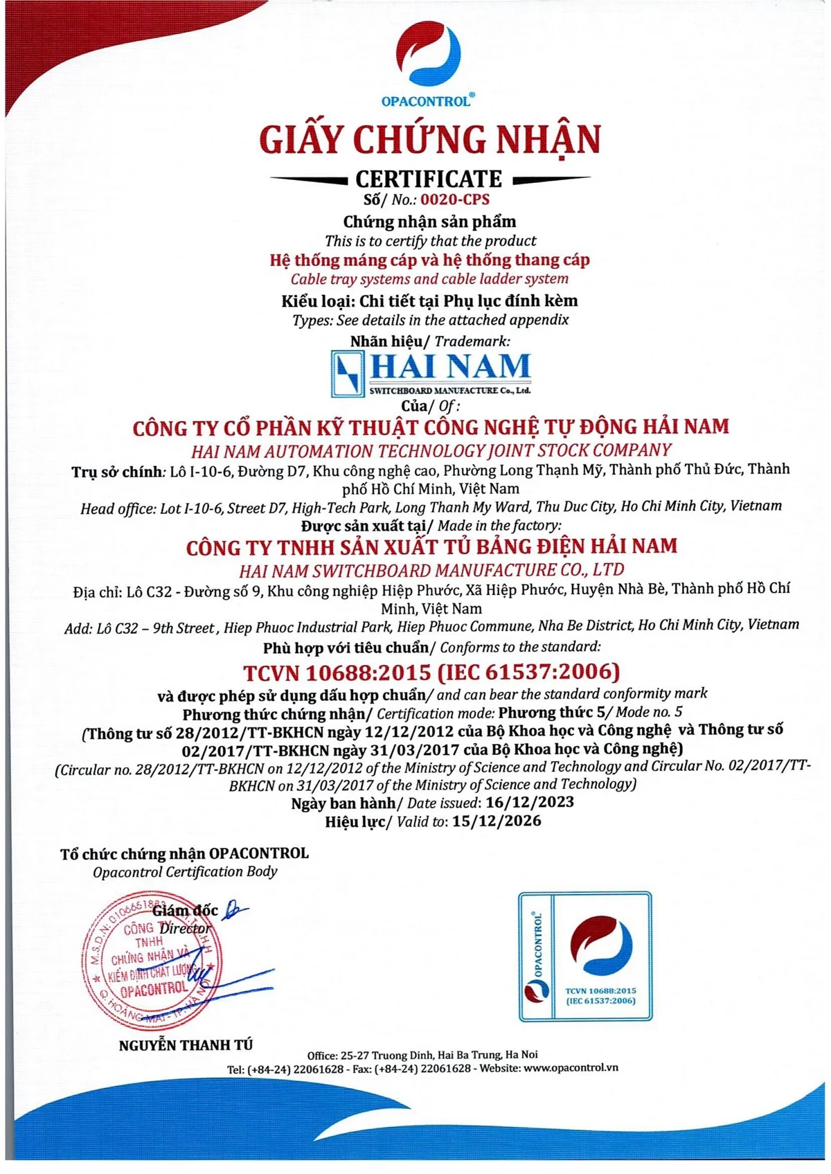 Giấy chứng nhận hợp chuẩn Thang máng cáp dùng để công bố hợp chuẩn Thang mang cáp theo TCVN 10688:2015