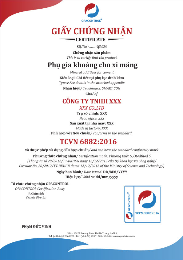 Mẫu giấy chứng nhận hợp chuẩn phụ gia khoáng theo tcvn 6882:2016 (Phương thức 5)