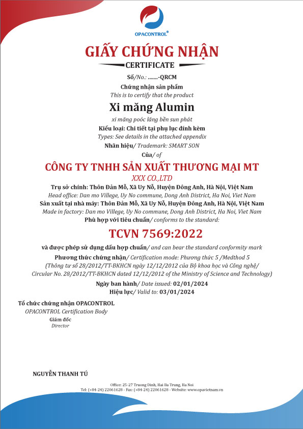 Mẫu giấy CNHC Xi măng Alumin theo TCVN 7569:2022