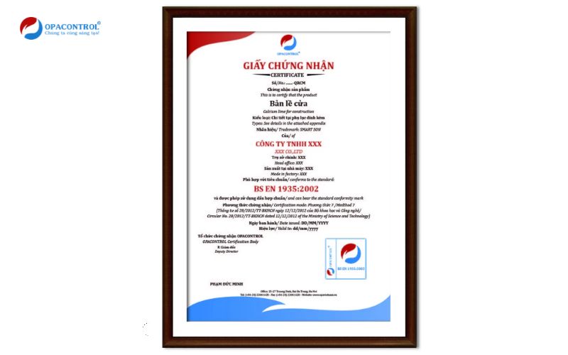 Mẫu giấy chứng nhận hợp chuẩn Bản lề cửa theo tiêu chuẩn BS EN 1935:2002