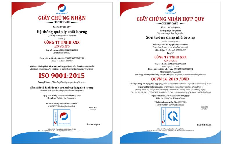 Mẫu giấy chứng nhận hợp quy và hợp chuẩn tại OPACONTROL 