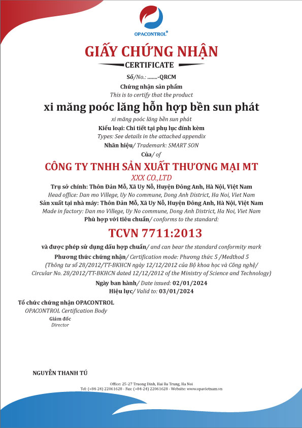 Mẫu giấy hợp chuẩn xi măng pooc lăng hỗn hợp bền sun phát theo TCVN 7711:2013