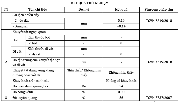 Ví dụ kểt quả “Kính nổi màu trắng dày 5mm” phục vụ cho chứng nhận hợp quy theo QCVN 16:2019/BXD