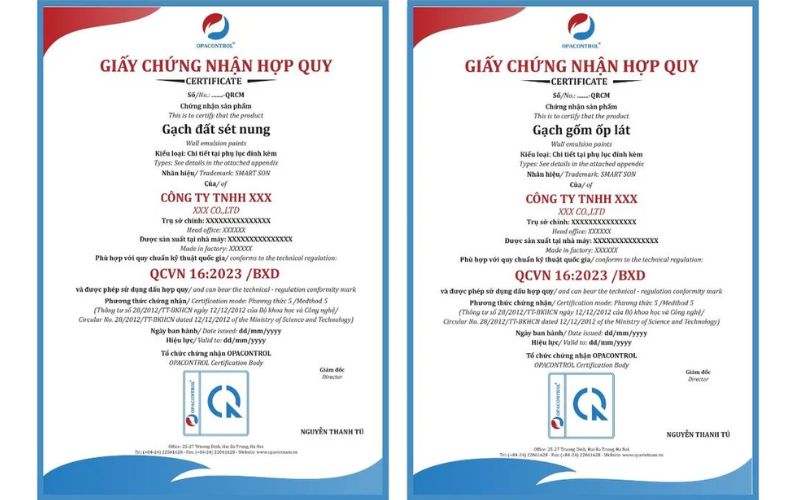 Mẫu giấy chứng nhận hợp quy Opacontrol cung cấp