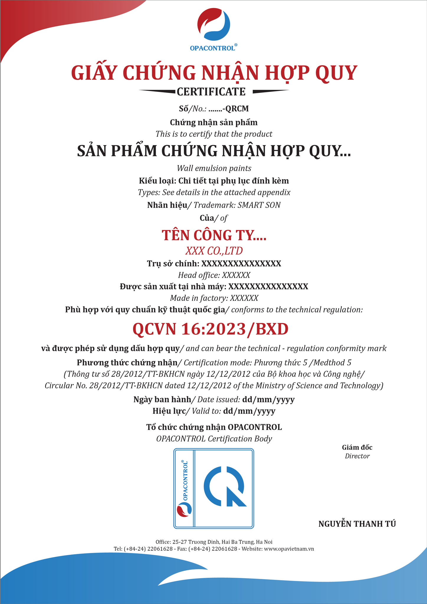 Mẫu giấy Chứng nhận hợp quy sản phẩm theo QCVN 16:2023/BXD theo phương thức 5