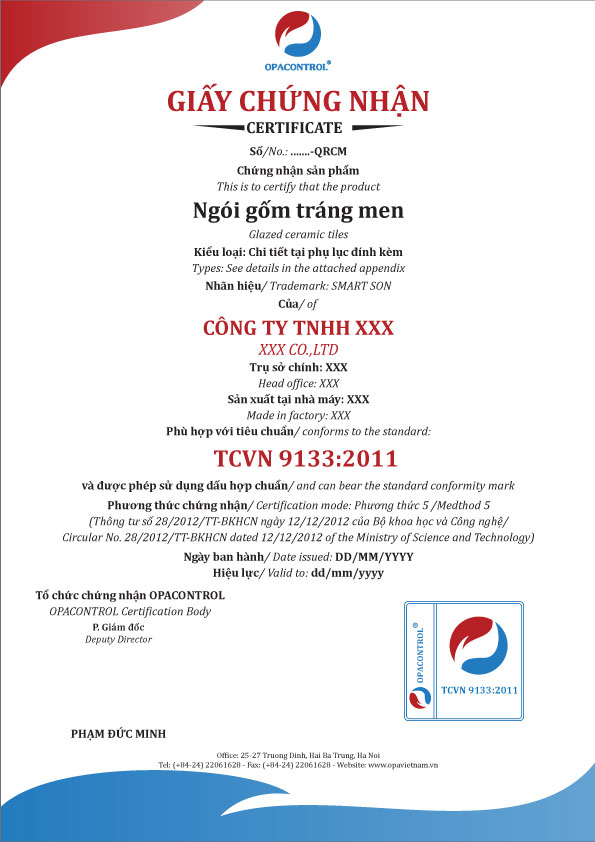 Mẫu giấy chứng nhận hợp chuẩn ngói gốm tráng men (Phương thức 5)