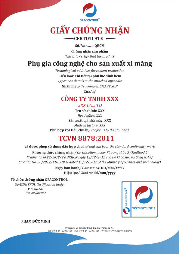 Mẫu giấy Chứng nhận hợp chuẩn phụ gia công nghệ