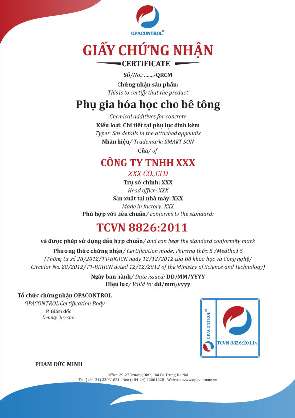 Mẫu giấy chứng nhận hợp chuẩn phụ gia hóa cho bê tông theo TCVn 8826:2011( Phương thức 5)