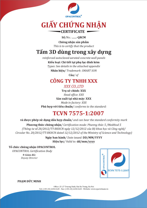 Mẫu giấy chứng nhận hợp chuẩn Tấm 3D trong xây dựng (Phương thức 5)