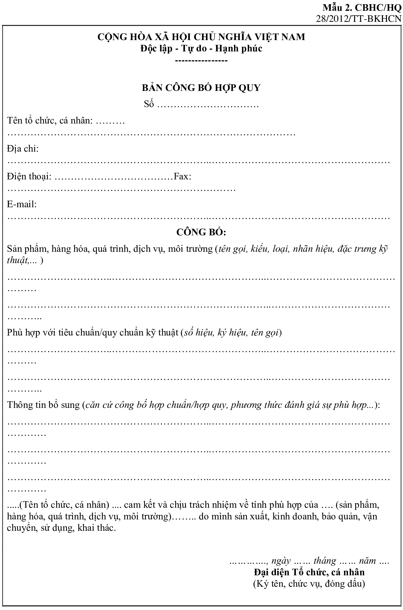 Mẫu giấy công bố hợp quy