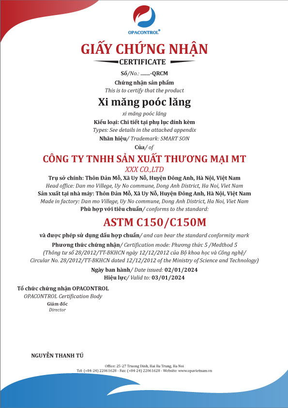 Mẫu giấy chứng nhận xi măng pooc lăng theo ASTM C150/C150M
