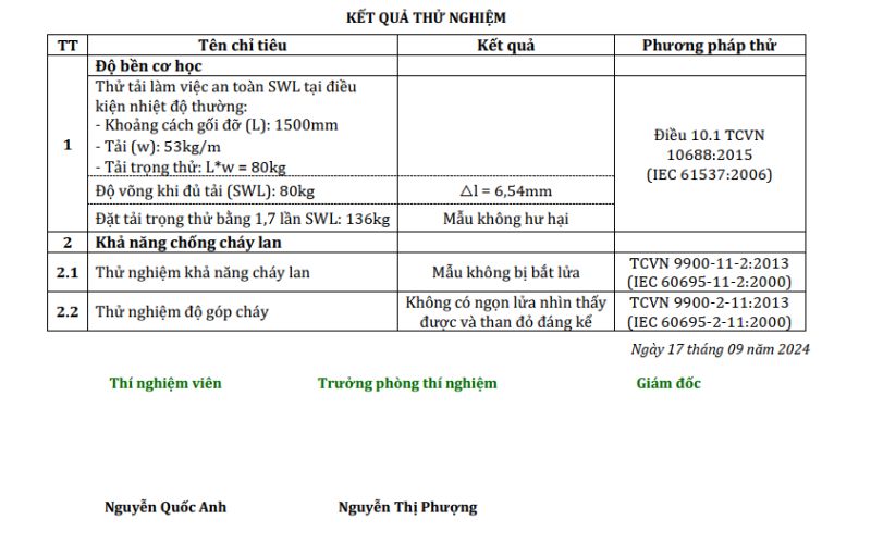 Kết quả thí nghiệm hệ thống thang máng cáp tại OPACONTROL