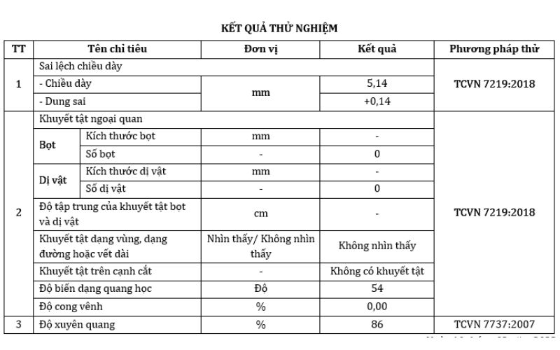 Ví dụ kết quả “Kính nổi màu trắng dày 5mm” phục vụ cho chứng nhận hợp quy theo QCVN