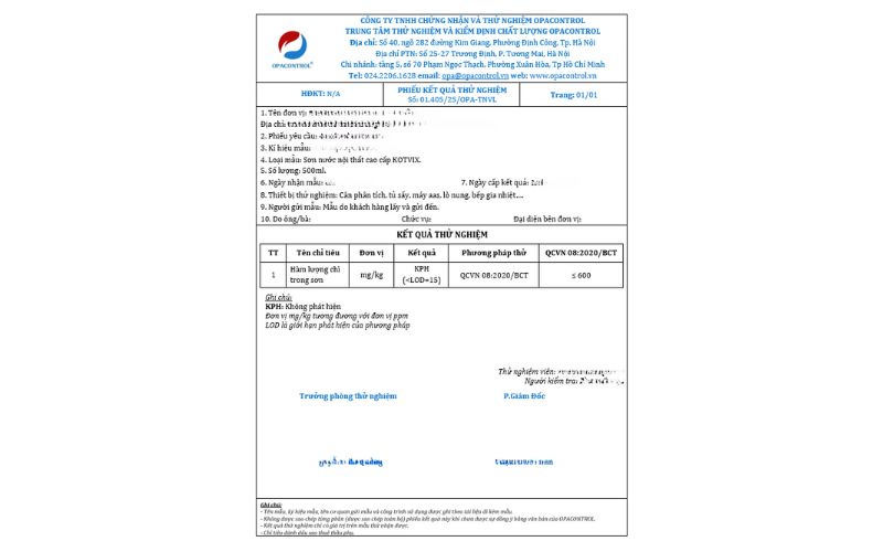 Mẫu phiếu kết quả thử nghiệm sơn tại OPACONTROL trả cho khách hàng