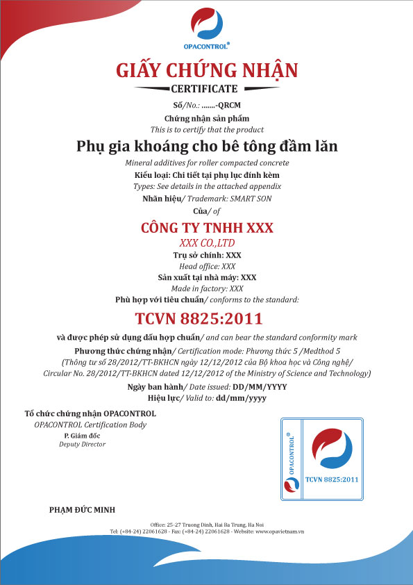 Mẫu giấy Chứng nhận hợp chuẩn phụ gia khoáng cho bê tông