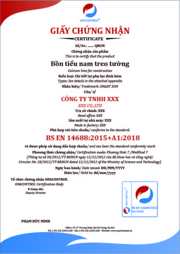 Hình ảnh mẫu giấy chứng nhận sản phẩm Bồn tiểu nam treo tường phù hợp tiêu chuẩn BS EN 14688:2015+A1:2018