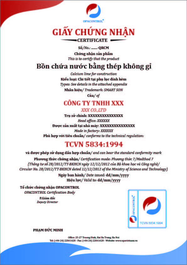 Mẫu giấy chứng nhận hợp chuẩn bồn chứa nước bằng thép không gỉ TCVN 5834:1994
