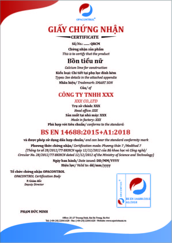 Hình ảnh giấy chứng nhận cho sản phẩm bồn tiểu nữ theo BS EN 14688:2015+A1:2018