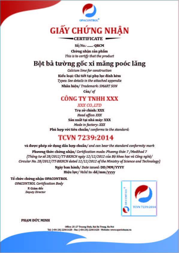 Mẫu giấy chứng nhận bột bả tường gốc xi măng poóc lăng TCVN 7239:2014